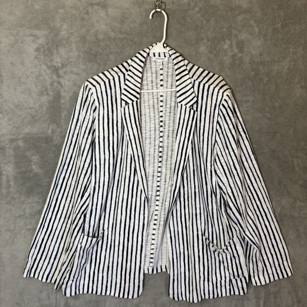 Chicos Blazer Womens 4 US 2XL Blue White Striped Nautical Beachy Modal Blend - Picture 2 of 9